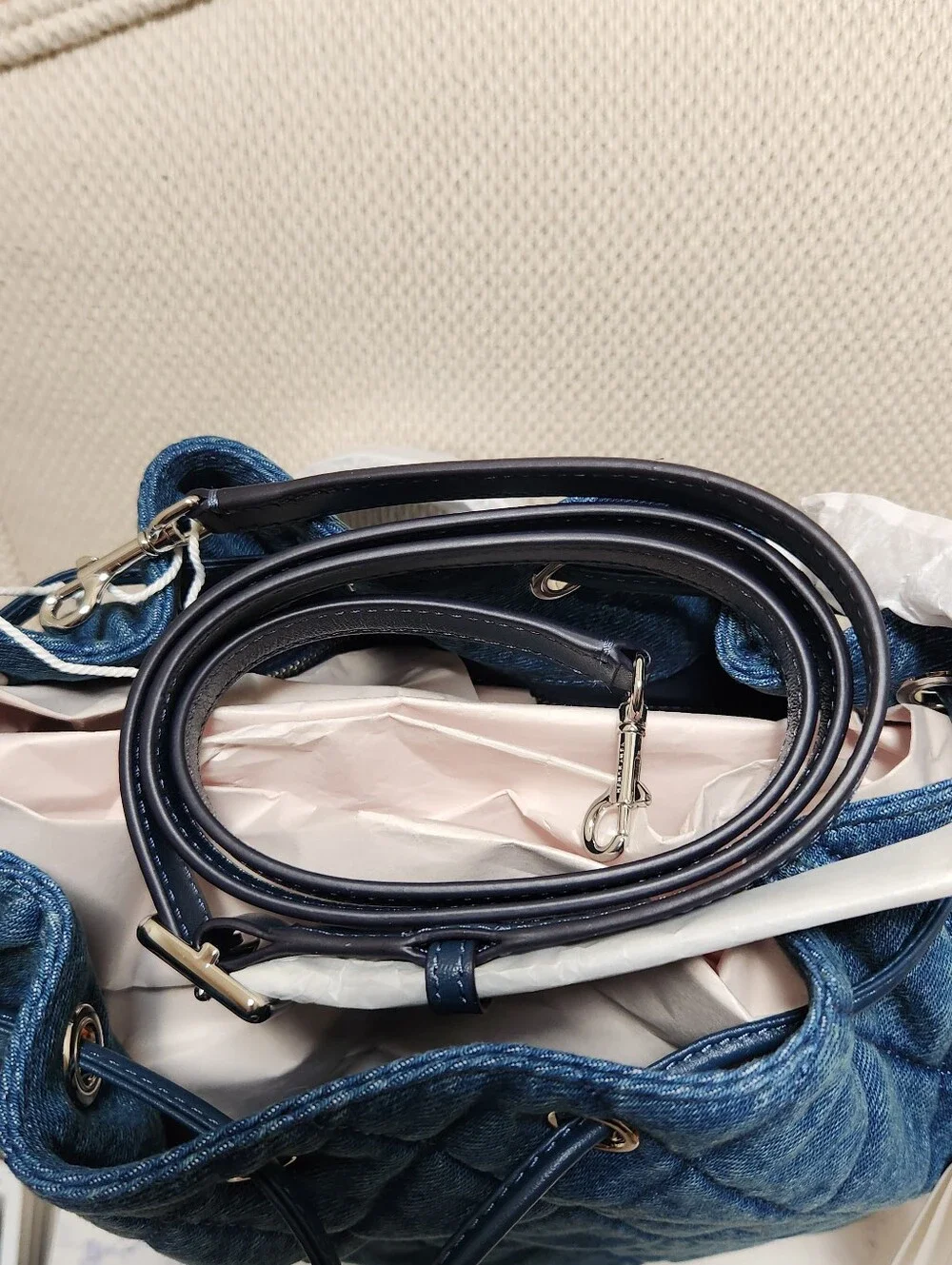 Tory Burch Charlie Quilted Denim Drawstring Shoulder Bag